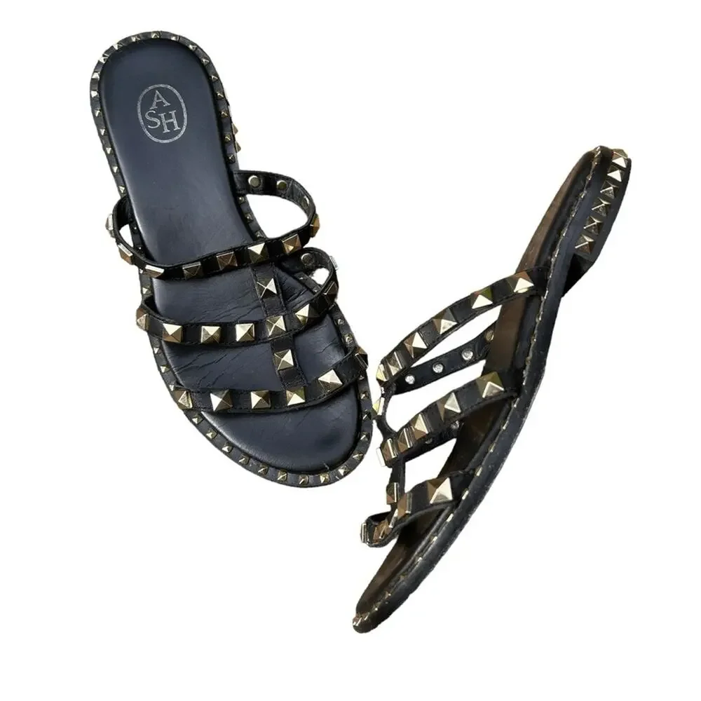 ASH Black & Gold Studded sandals size 37 US Size 6.5/7 GUC